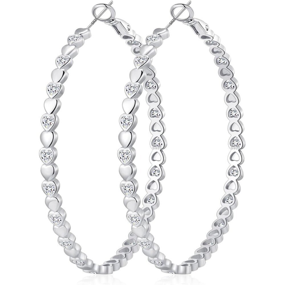 925 Silver-60mm Heart Cubic Zirconia Large Rhinestone Hoop Earrings for Womens